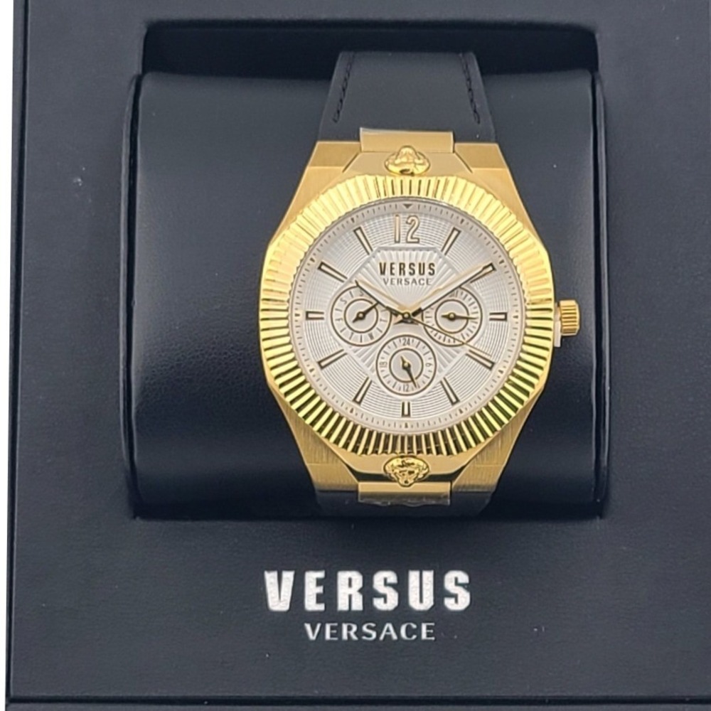 Versus Versace Men's Colonne Gold Black Leather Multi-Function Watch
